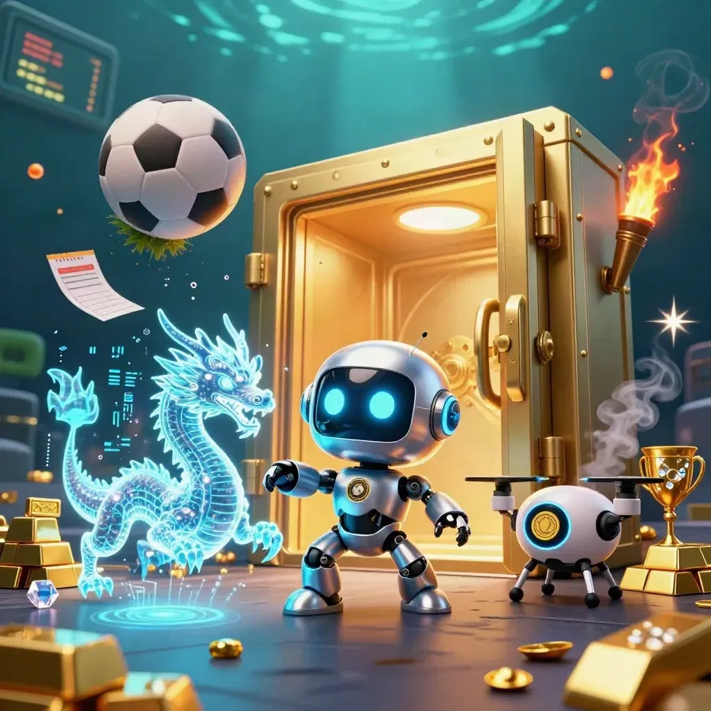 Cyberpunk robot, holographic dragon and drone amid casino gold bursts and sports props.