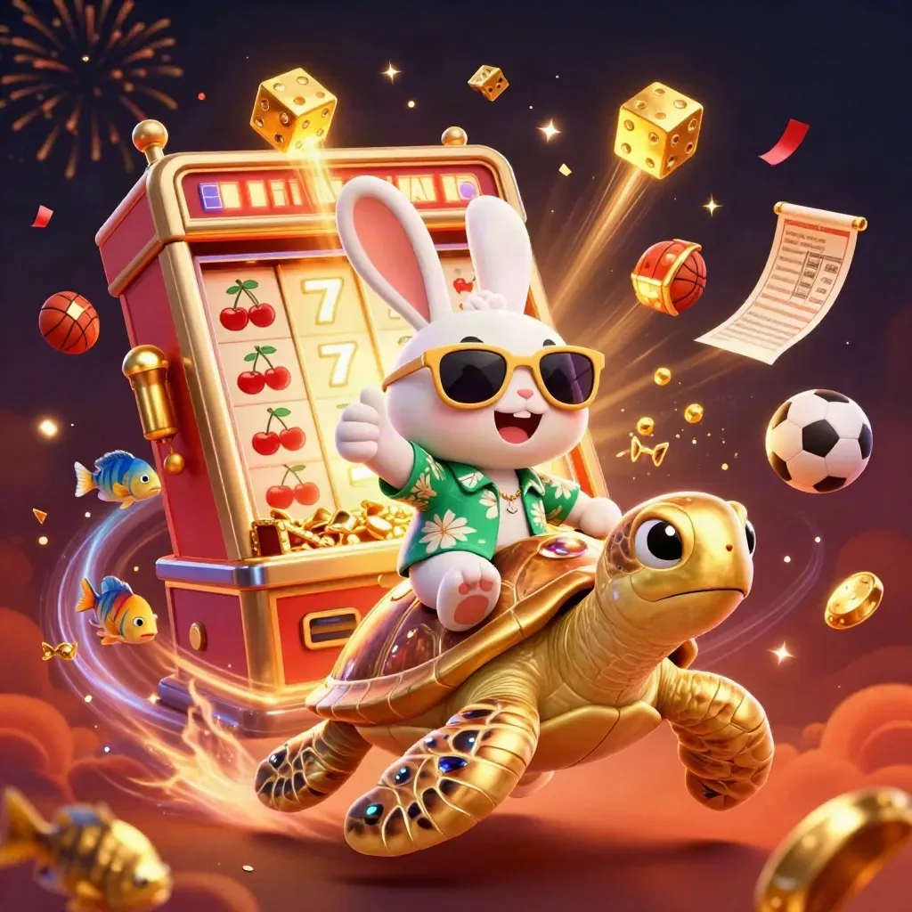 Lucky rabbit rides a golden sea turtle amid casino bursts, confetti, treasure, and glowing sports props