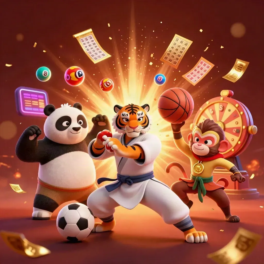 Kung-fu tiger, panda, and monkey amid sports and casino props in a fiery glow.