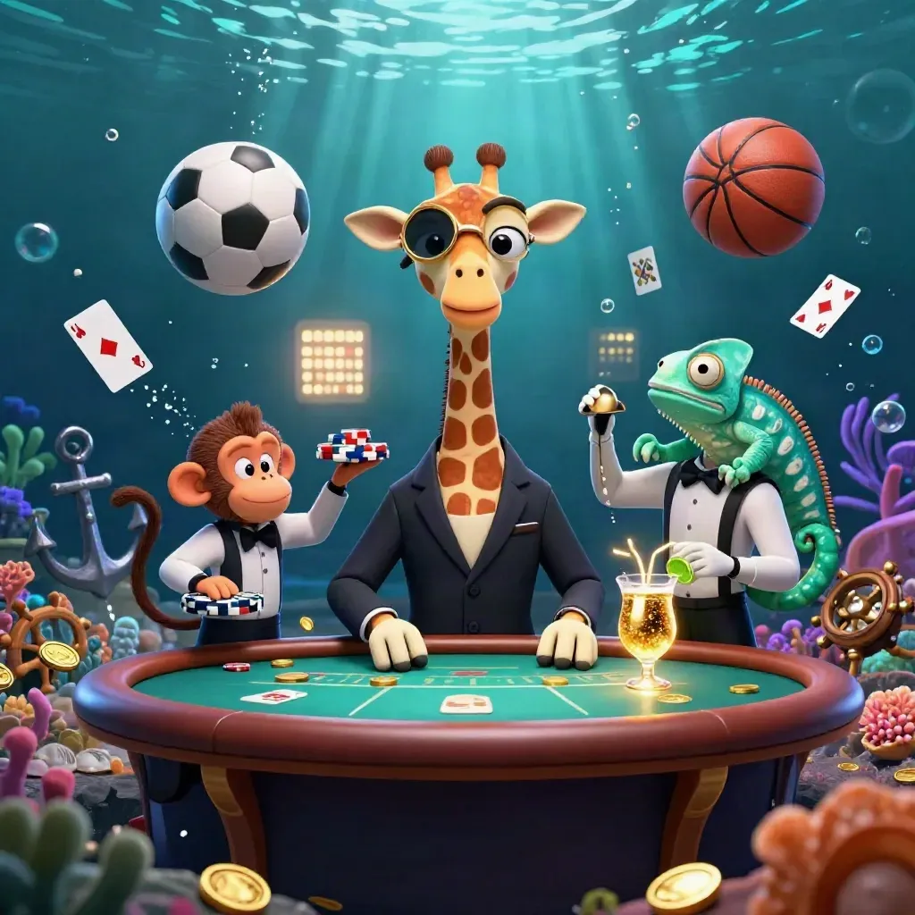 Giraffe, monkey and chameleon in a glowing underwater casino with floating sports balls and treasure