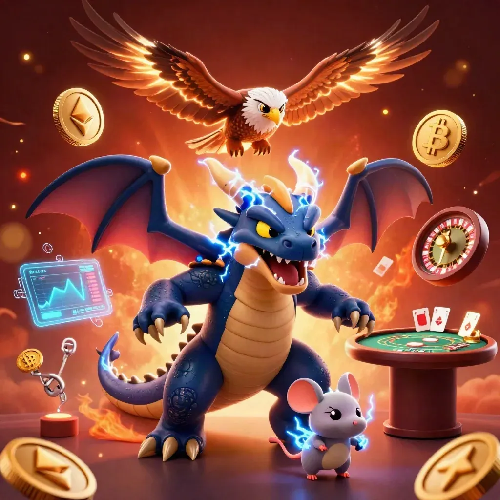 Thunder dragon, wind hawk and static mouse amid casino coins, roulette wheel and glowing cards