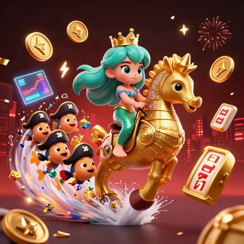 Mermaid princess on armored seahorse with coins, lightning, fireworks and casino icons