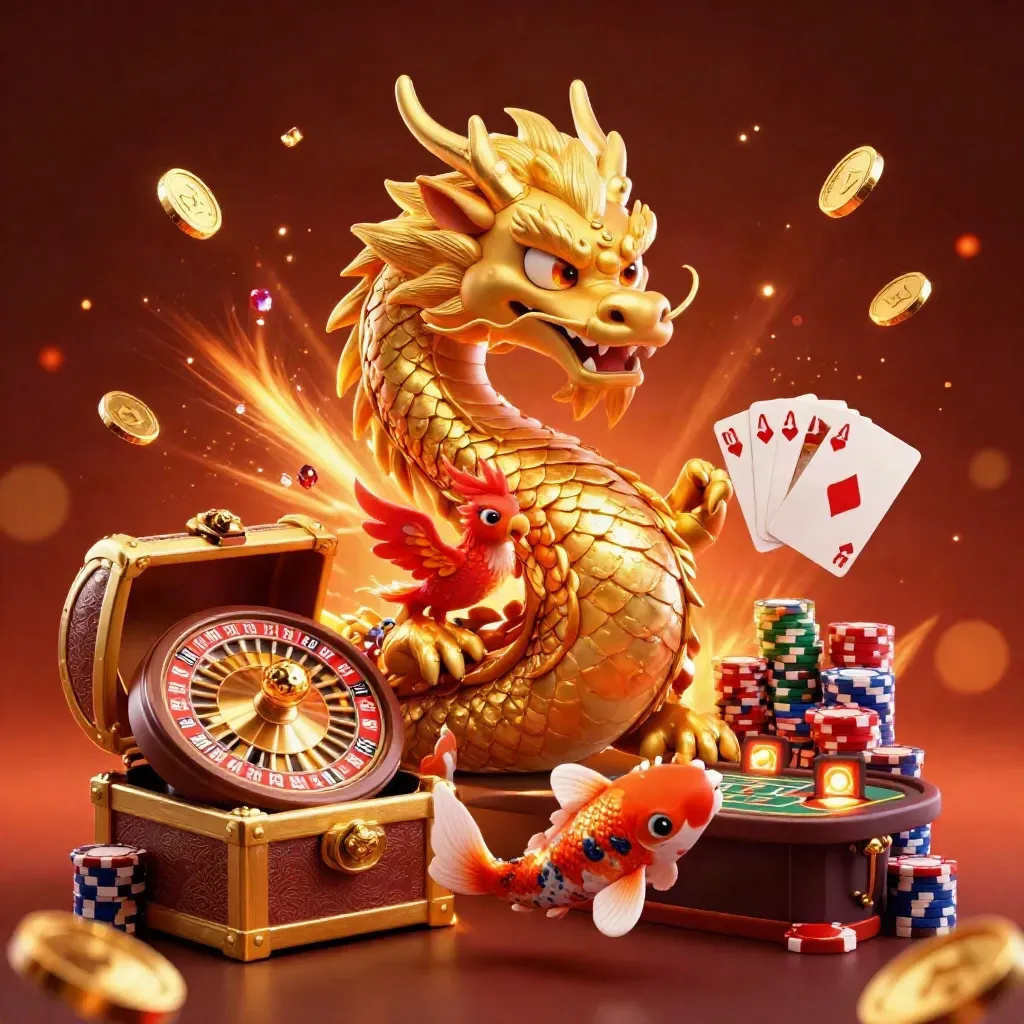 Golden dragon, phoenix and koi amid casino chips, cards, coins, roulette and jewel glow