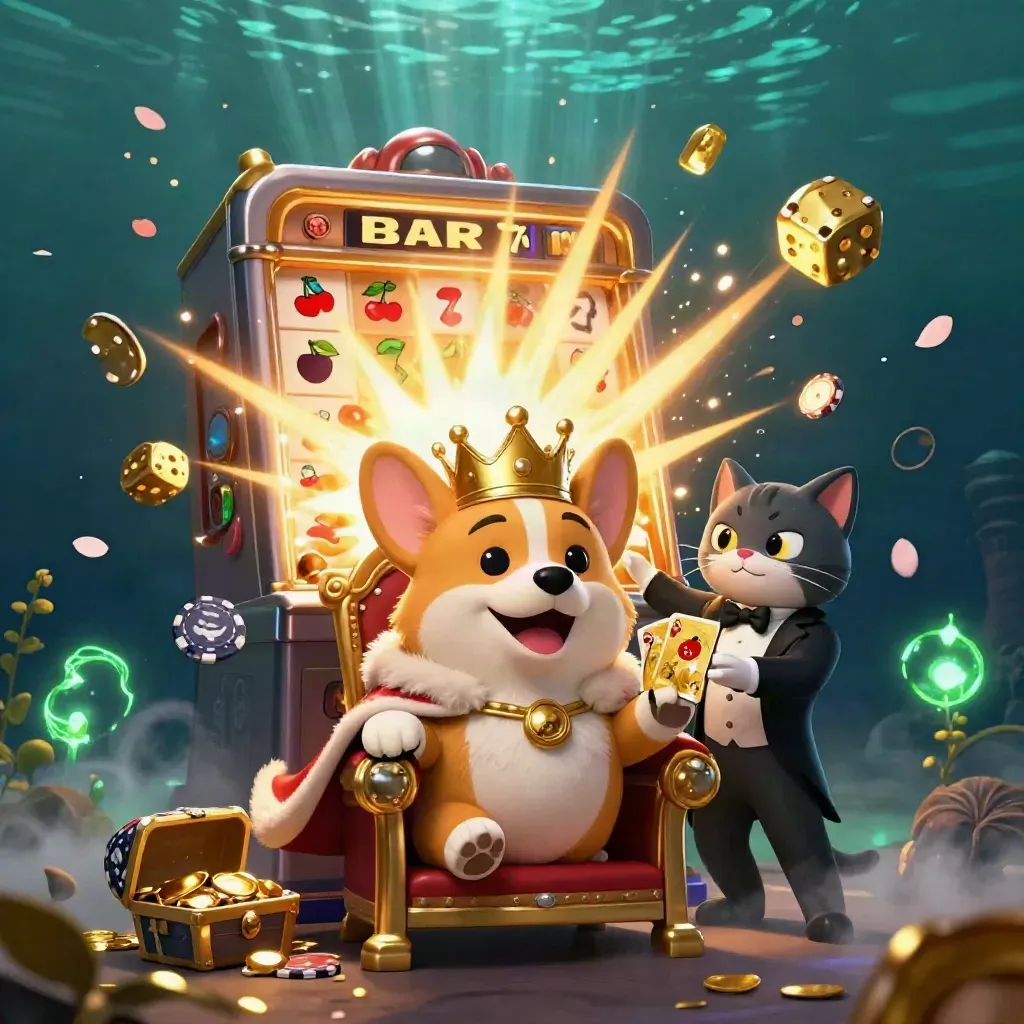 Royal corgi and cat butler amid exploding slot-machine jackpot, gold, and emerald glow.