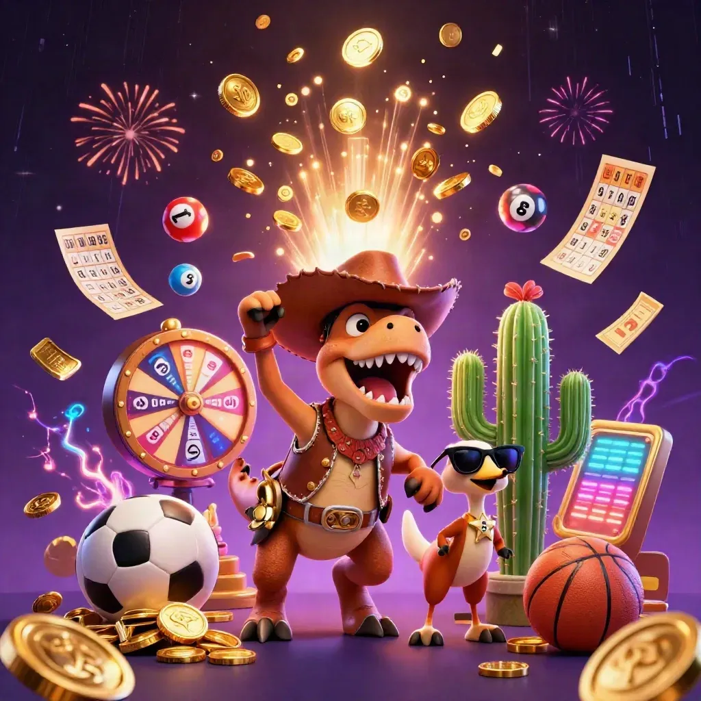 Cowboy T-Rex trio amid gold coins, fireworks, prize wheel and casino effects