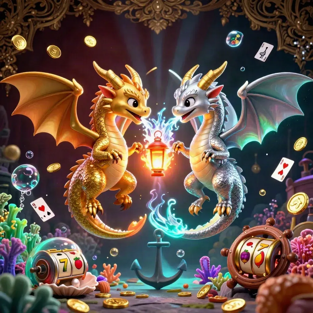 Gold and silver dragons spiral above treasure, coral, cards, and glowing casino symbols
