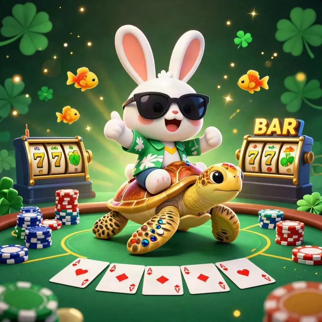 Rabbit rides jeweled turtle amid chips, aces, reels and glowing casino lights.